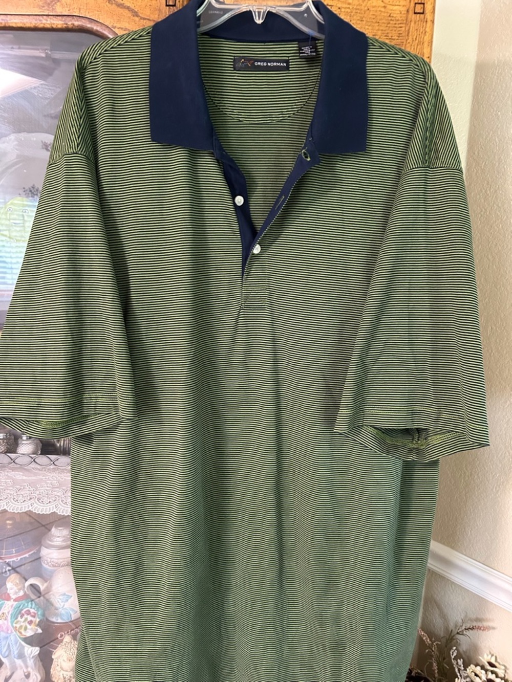 Greg Norman Collection Green Micro-Striped Polo with Navy Collar